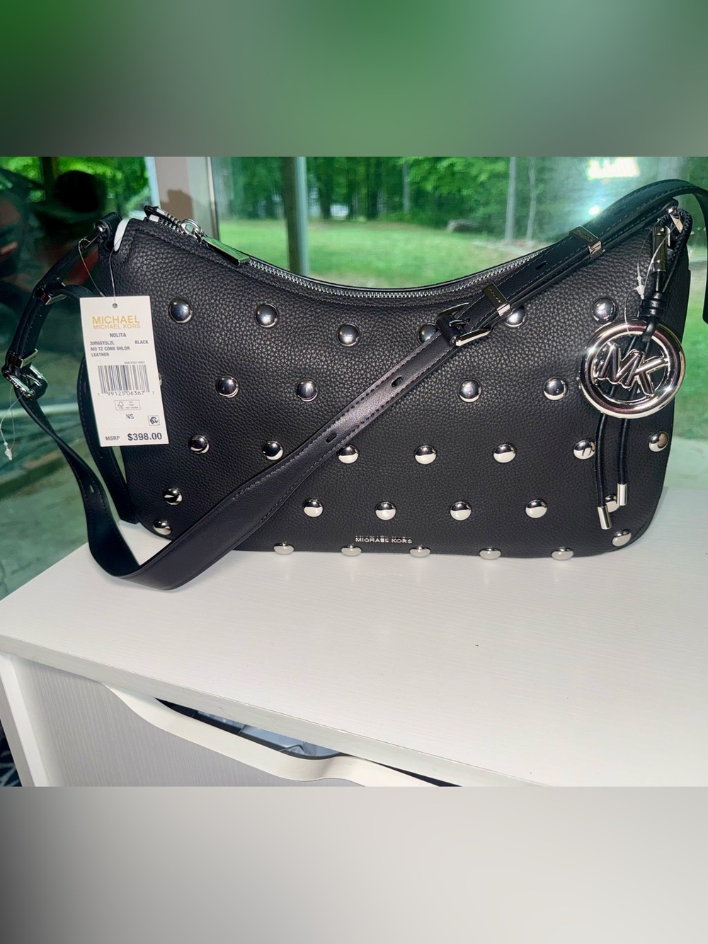 Michael Kors Noilta Black Pebbled Leather Shoulder Bag with Silver Studs